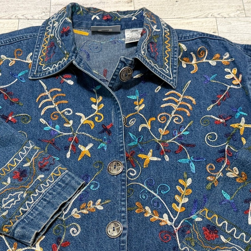 VTG New Direction Womens Large Denim Jacket Floral Embroidered Boho Cotton LARGE